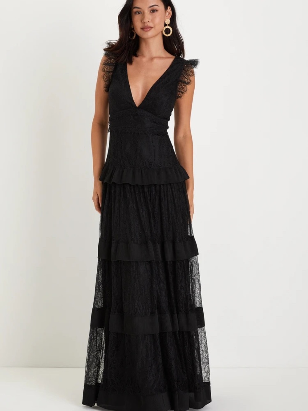 Lulu’s Marvelous Darling Black Lace Ruffled Tiered Maxi Dress